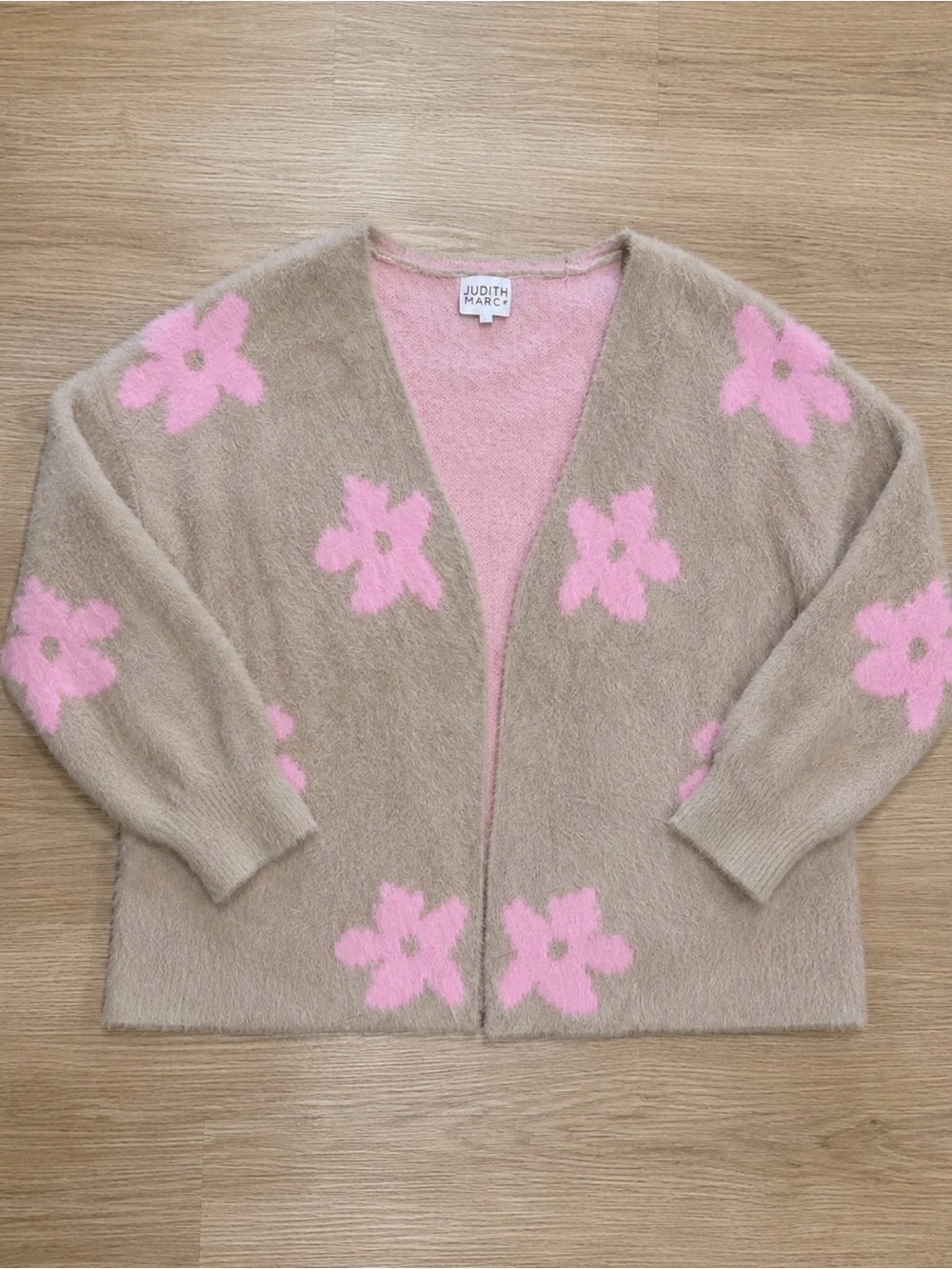 Judith March Pink Floral Taupe Open-Front Cardigan
